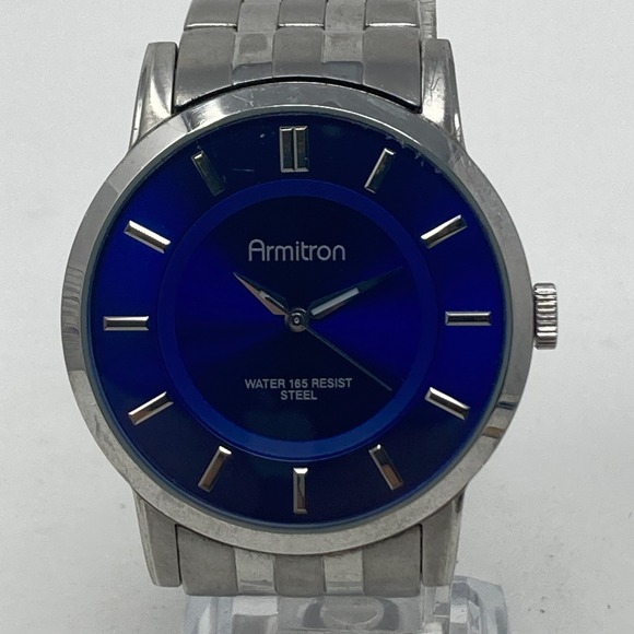 Armitron Watch Men 42mm Silver Tone Blue Dial WR 50M Steel New Battery 7.5" - Picture 1 of 16